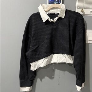 Zara Black Pinstripe Crop Top with White Collar